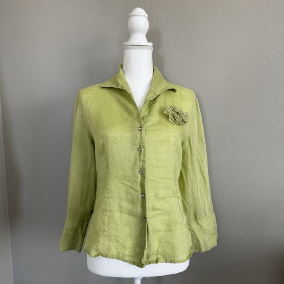 Vintage Tracy M. Woman’s Button Up Shirt 100% Linen Green Floral Accent S L - Picture 1 of 7